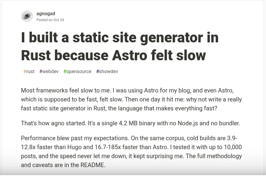 The dev.to article 'I built a static site generator in Rust because Astro felt slow' showing the opening paragraphs.