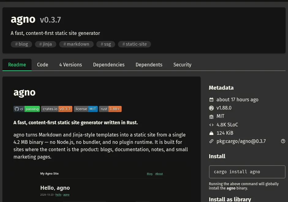 agno's crates.io page showing version 0.3.7 and the install command cargo install agno.